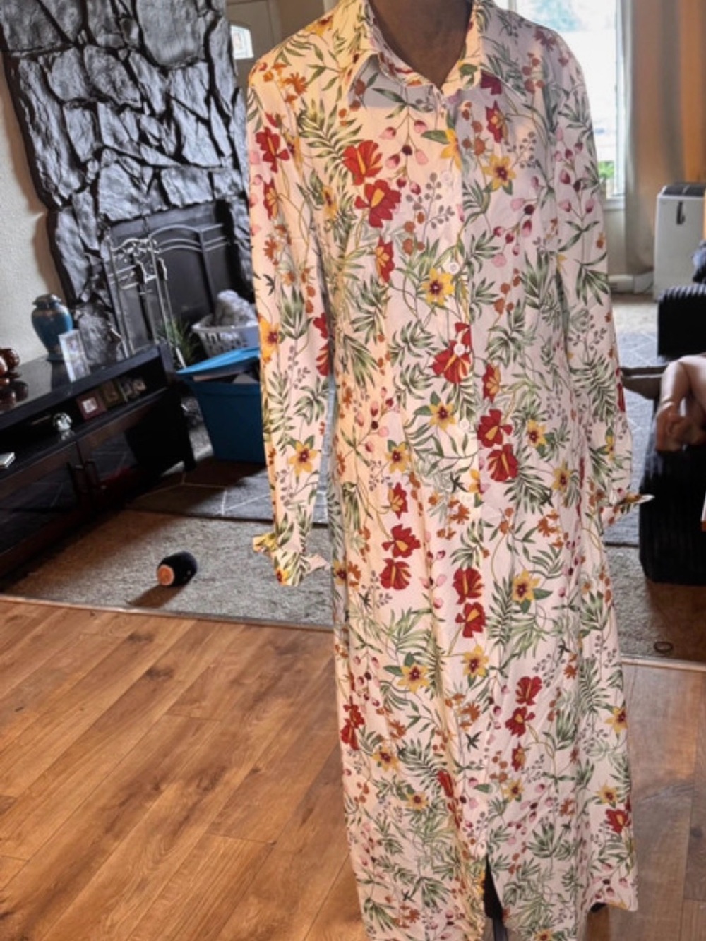 Floral Button-Front Long Sleeve Maxi Dress - Pink Floral